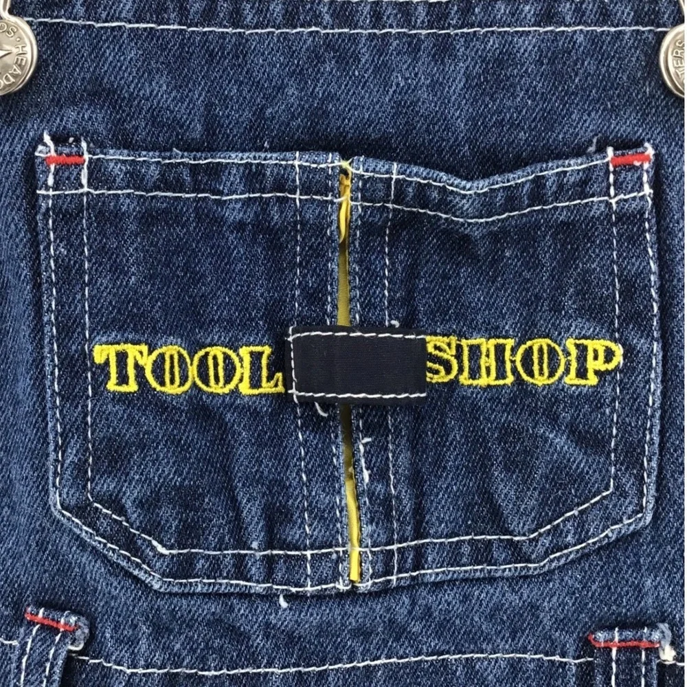 Vintage Kids Headquarters Tool Shop Builder Denim Overalls Shorts 3T Embroidered